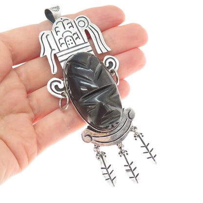 925 Sterling Vintage Mexico Real Golden Sheen Obsidian Carved Tribal God Pendant