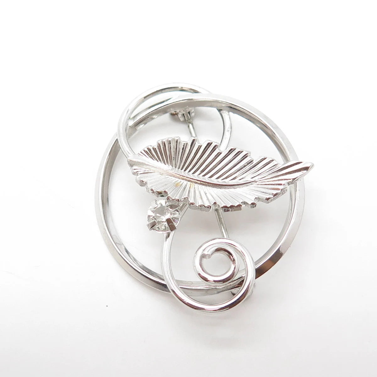 925 Sterling Silver Antique Art Deco Dixell Rhinestone Leaf Pin Brooch