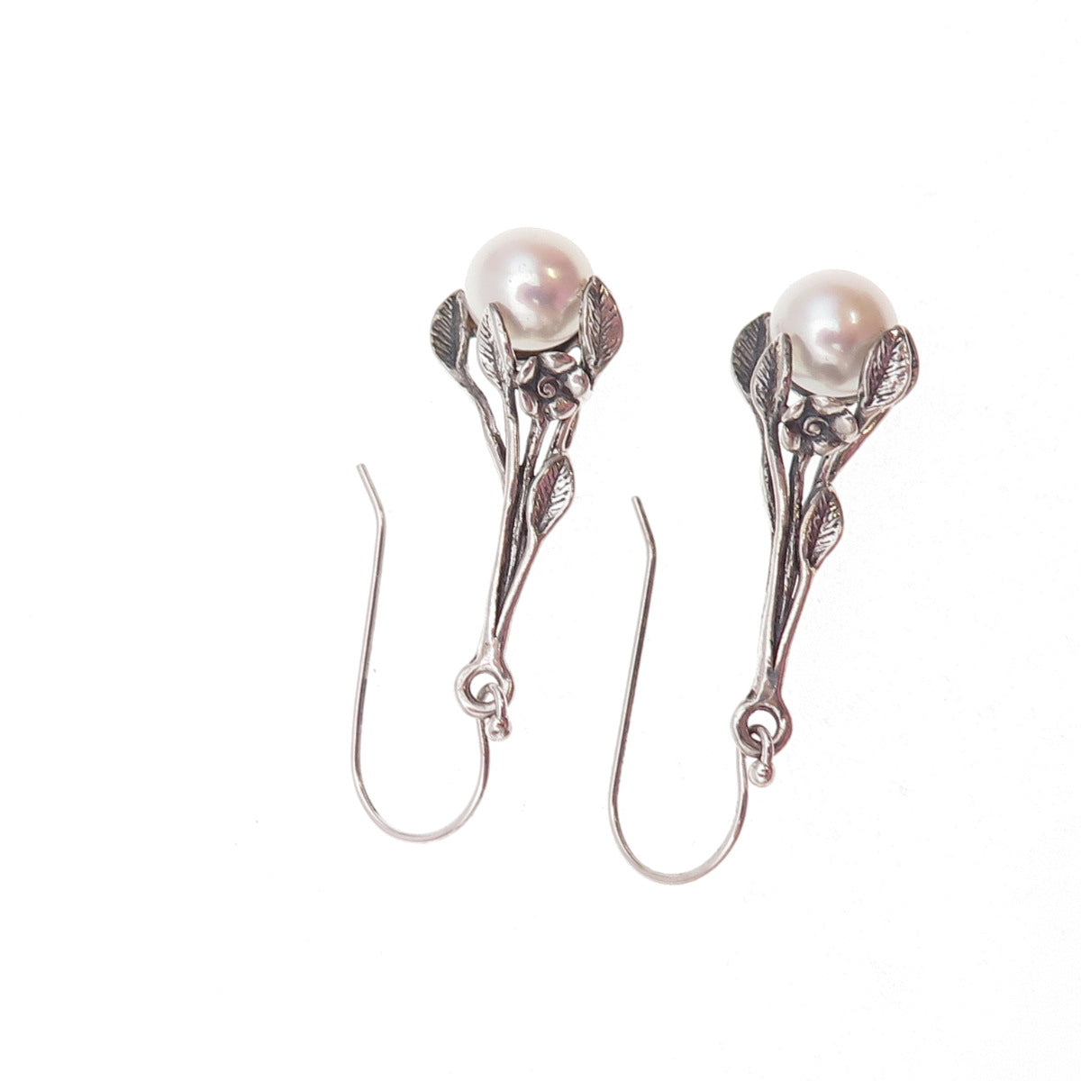 925 Sterling Silver Vintage Israel Real Pearl Floral Oxidized Dangle Earrings