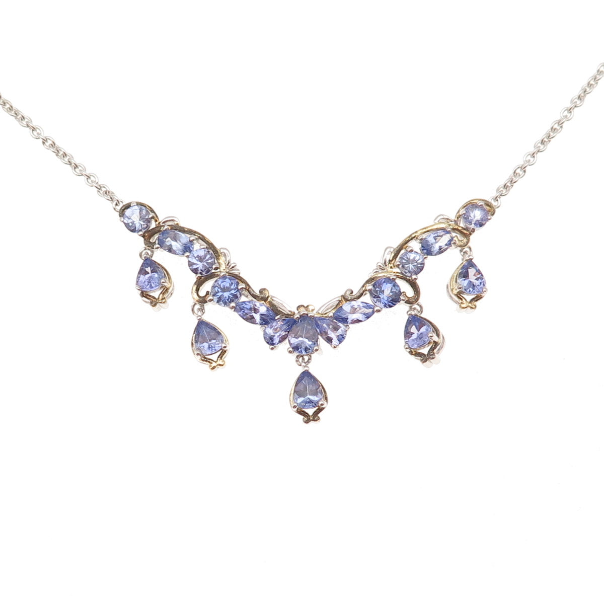 925 Sterling Silver 2-Tone Real Multi-Cut Tanzanite Cable Chain Necklace 18"