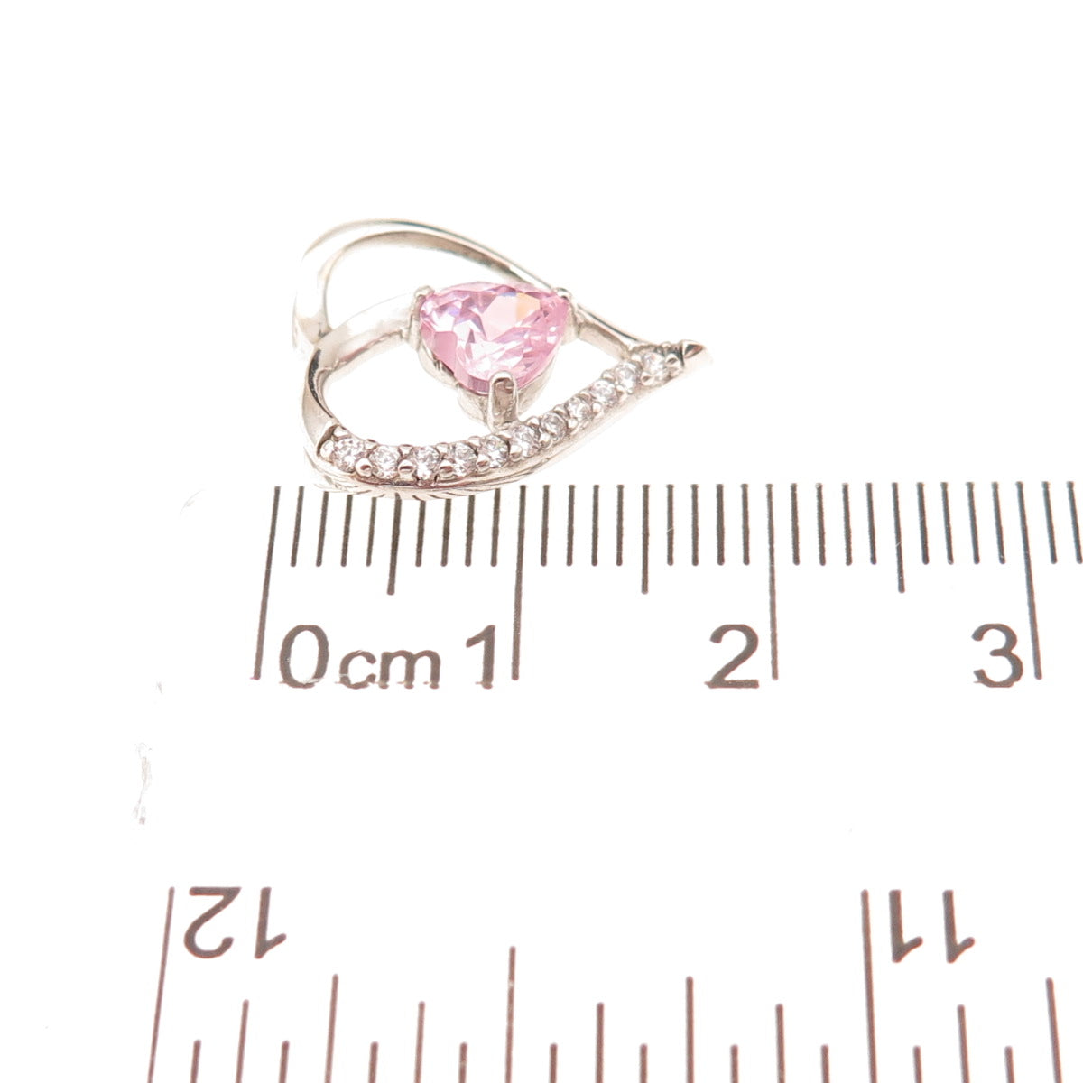 925 Sterling Silver Pink & White C Z Heart Slide Charm Pendant