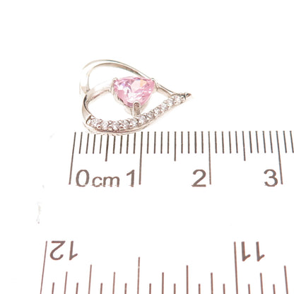 925 Sterling Silver Pink & White C Z Heart Slide Charm Pendant