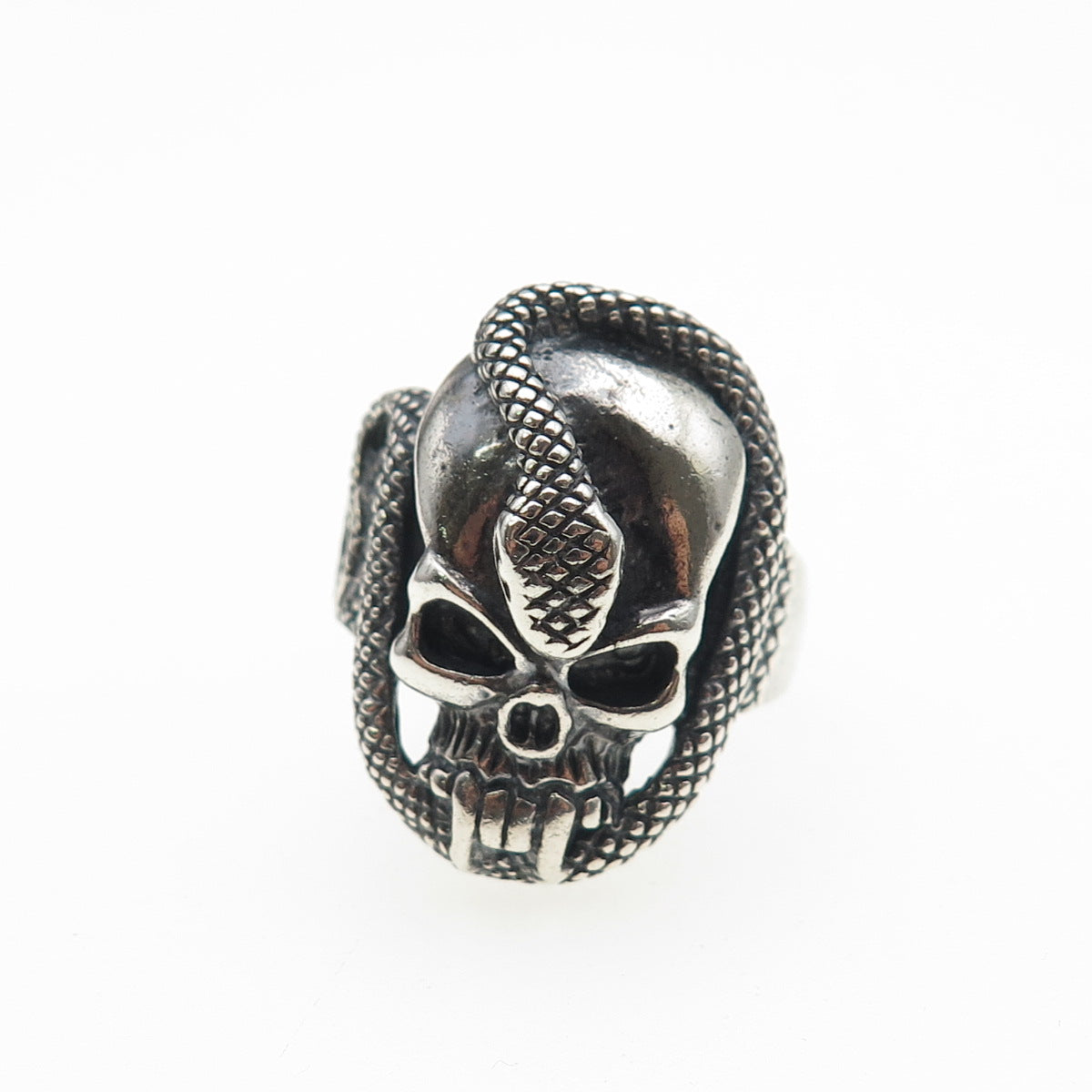 925 Sterling Silver Vintage Skull & Snake Oxidized Biker Ring Size 8