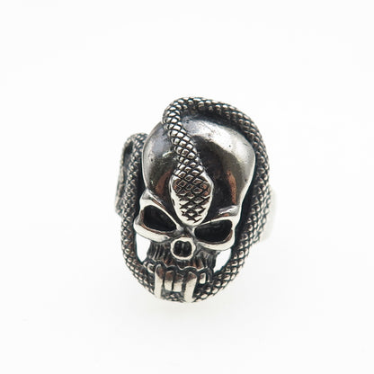 925 Sterling Silver Vintage Skull & Snake Oxidized Biker Ring Size 8