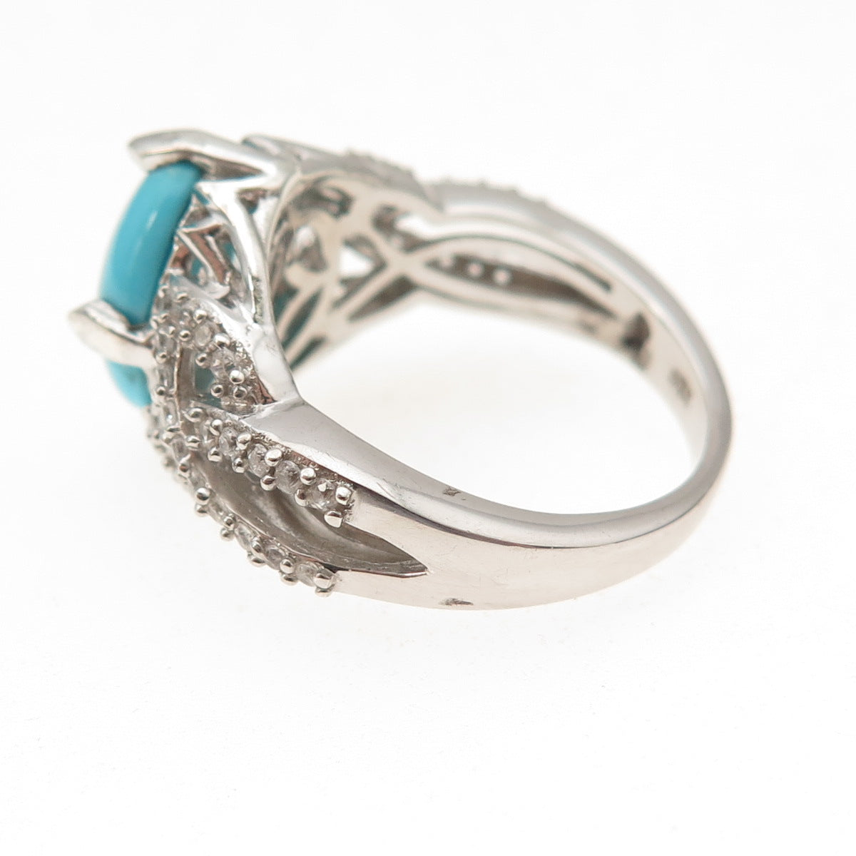 Chuck Clemency 925 Sterling Silver Real Turquoise & White Topaz Ring Size 8.25