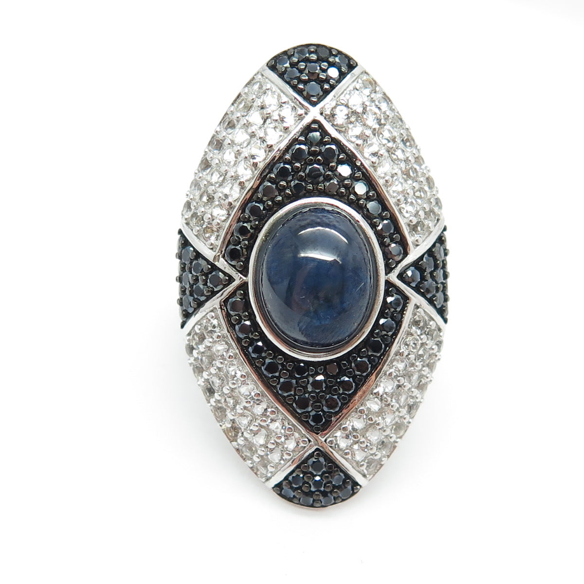 925 Sterling Silver Real Cabochon Sapphire White Topaz Black Spinel Ring Size 6