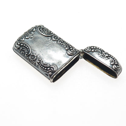 925 Sterling Silver Antique Art Deco Floral Repousse Oxidized Vesta Match Case