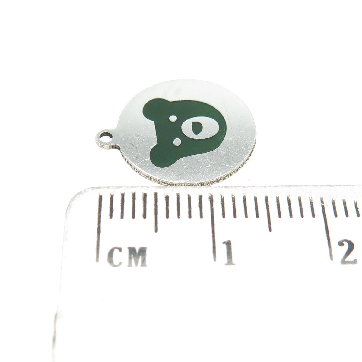 925 Sterling Silver Green Enamel Teddy Bear Round Tag Minimalist Charm Pendant