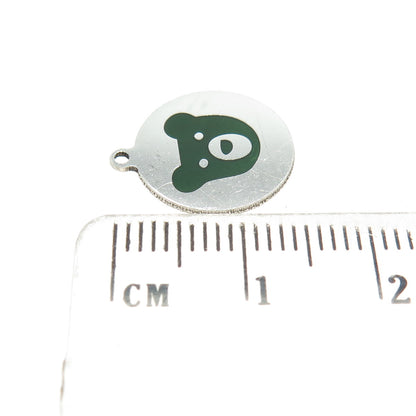 925 Sterling Silver Green Enamel Teddy Bear Round Tag Minimalist Charm Pendant