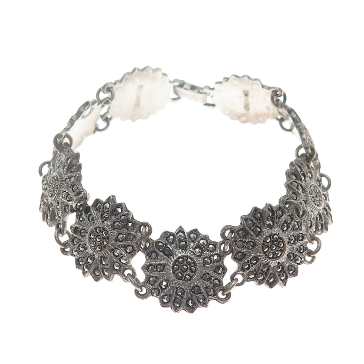 925 Sterling Silver Antique Marcasite Flower Link Bracelet 7" (missing 4 stones)