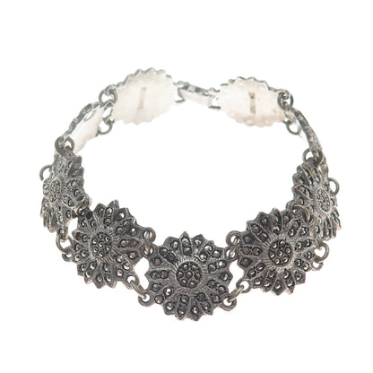 925 Sterling Silver Antique Marcasite Flower Link Bracelet 7" (missing 4 stones)