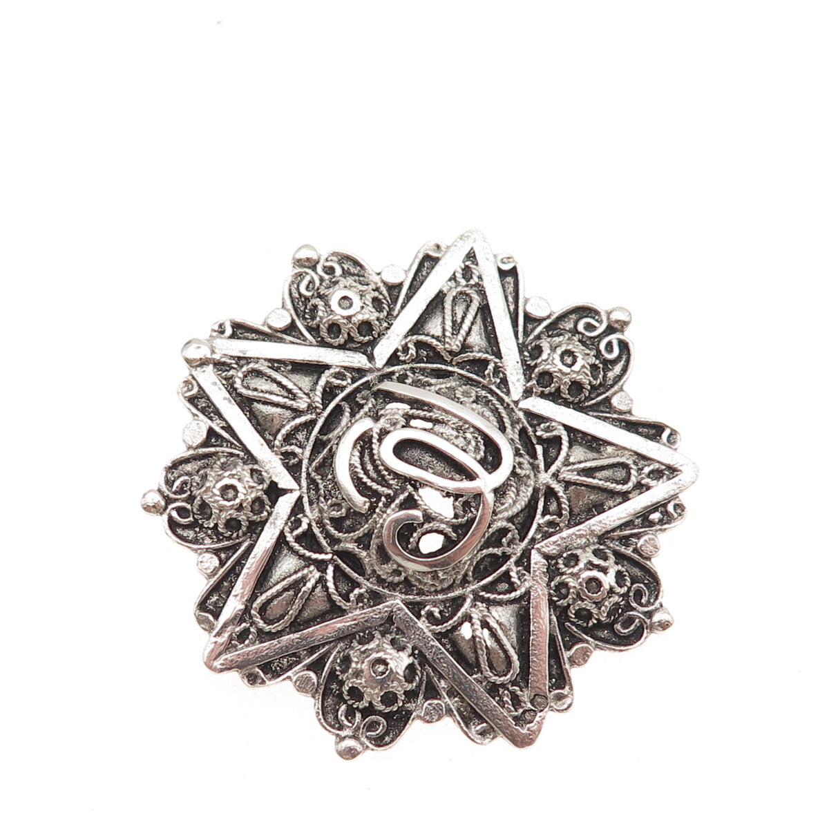 800 Silver Antique Art Deco Arabic Script Filigree Star Oxidized Pin Brooch