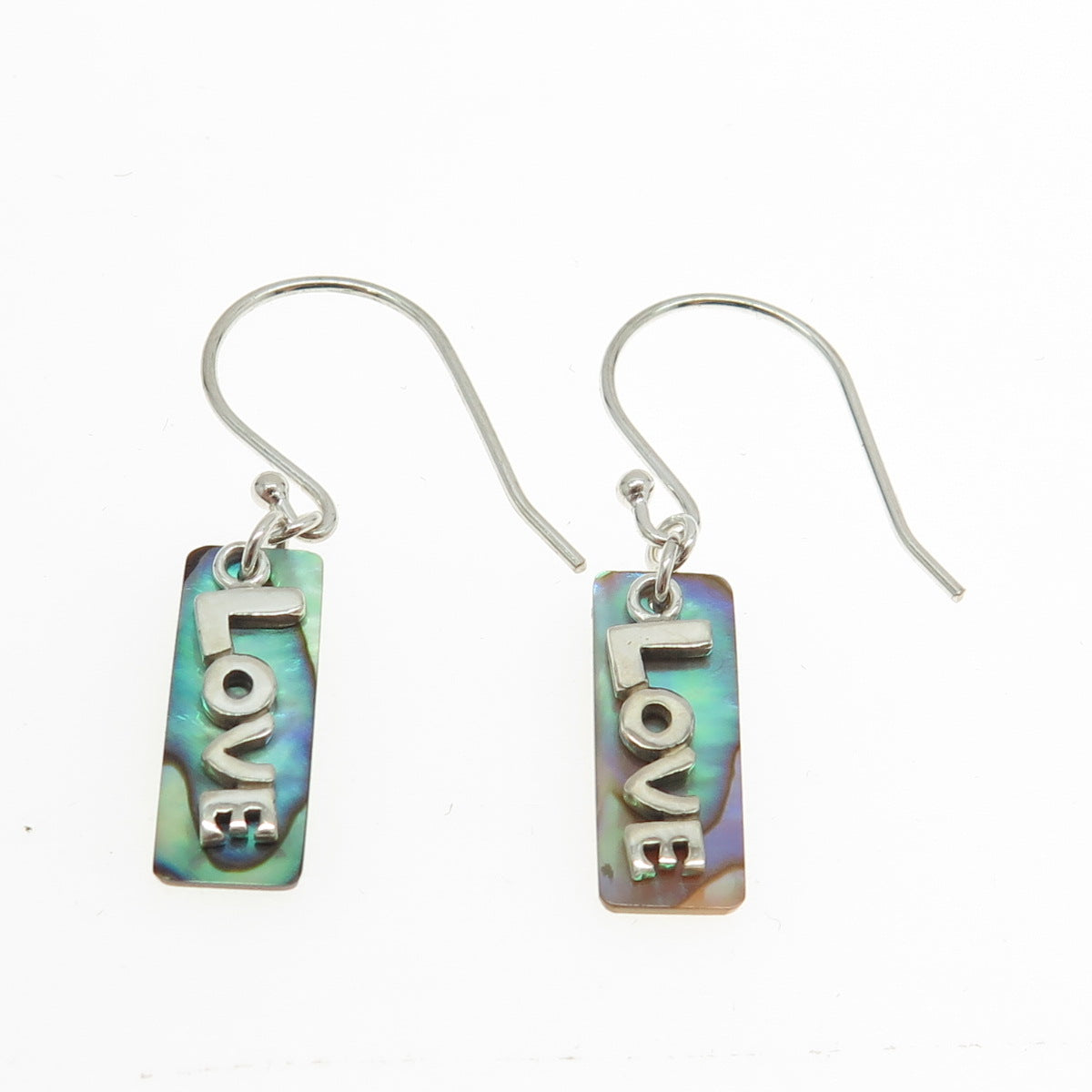 925 Sterling Silver Real Abalone Shell "LOVE" Dangling Bar Earrings