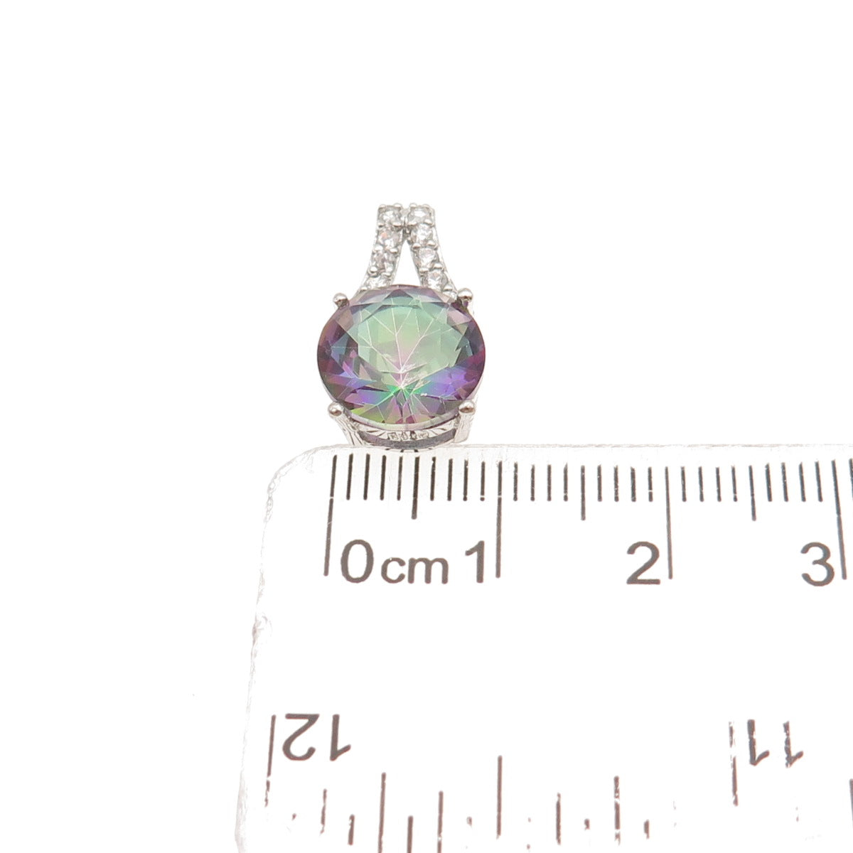 925 Sterling Silver Real Round-Cut Mystic Quartz & C Z Mini Slide Charm Pendant