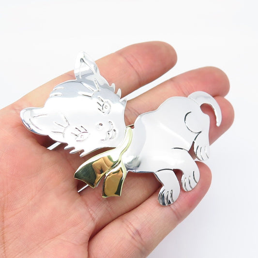 925 Sterling Silver 2-Tone Vintage Mexico Cat / Kitty Pin Brooch