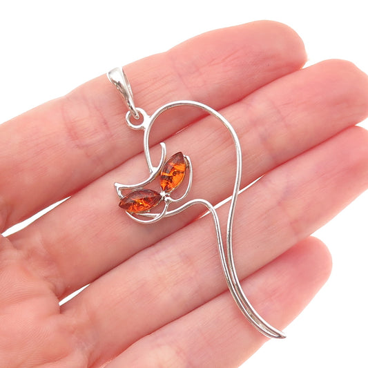 925 Sterling Silver Vintage Real Amber Modernist Cat Charm Pendant