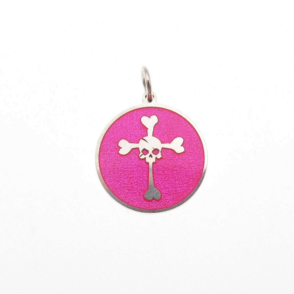 925 Sterling Silver Pink Enamel Skull Cross Bones Mini Charm Pendant