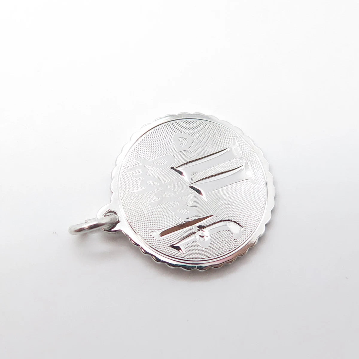 925 Sterling Silver Vintage Happy 11 Heart Round Medal Charm Pendant