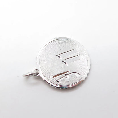 925 Sterling Silver Vintage Happy 11 Heart Round Medal Charm Pendant