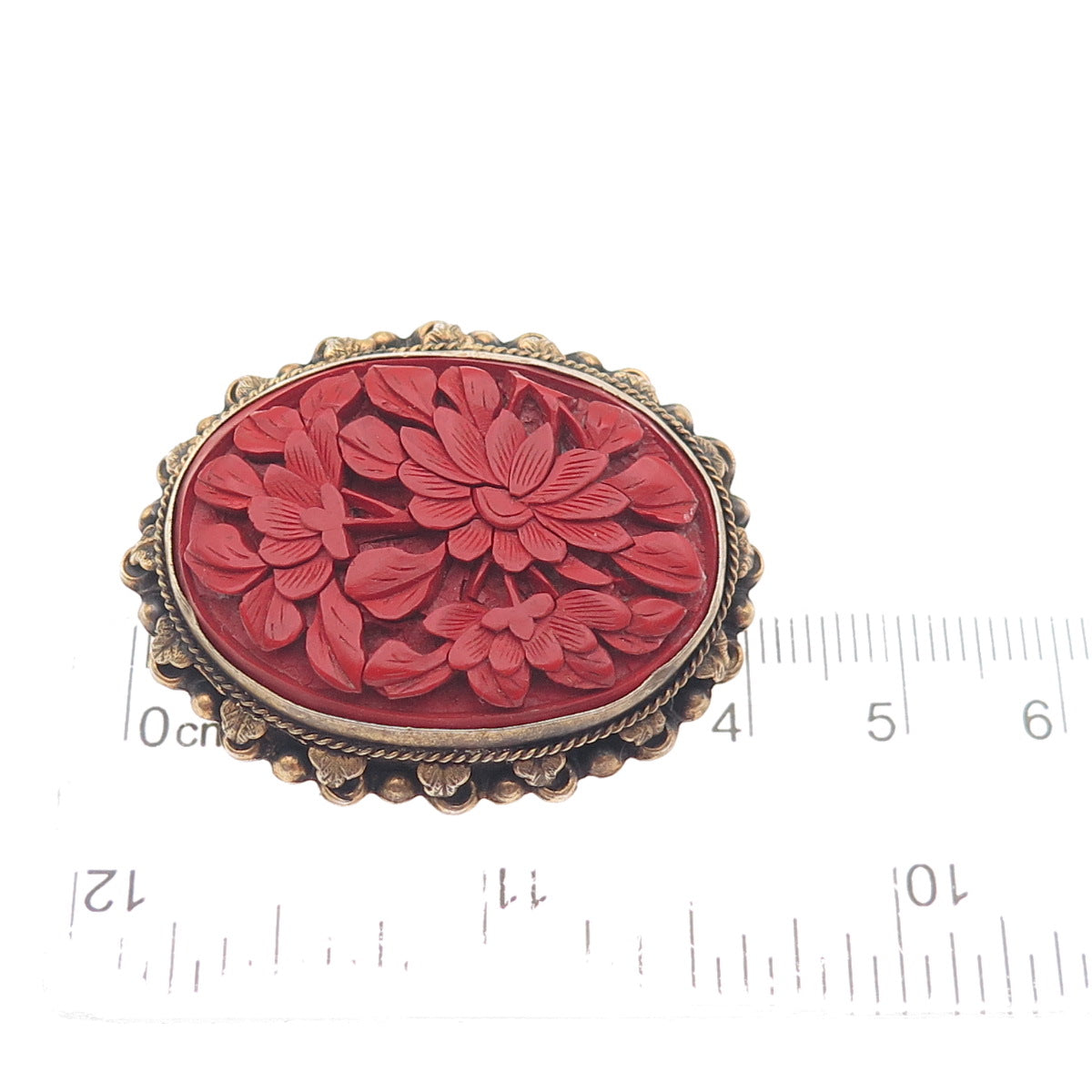SUNG 925 Sterling Gold Plated Antique China Cinnabar Floral Brooch (missing pin)