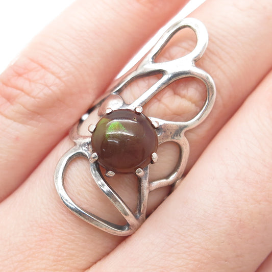 925 Sterling Silver Vintage Real Boulder Opal Modernist Floral Ring Size 6