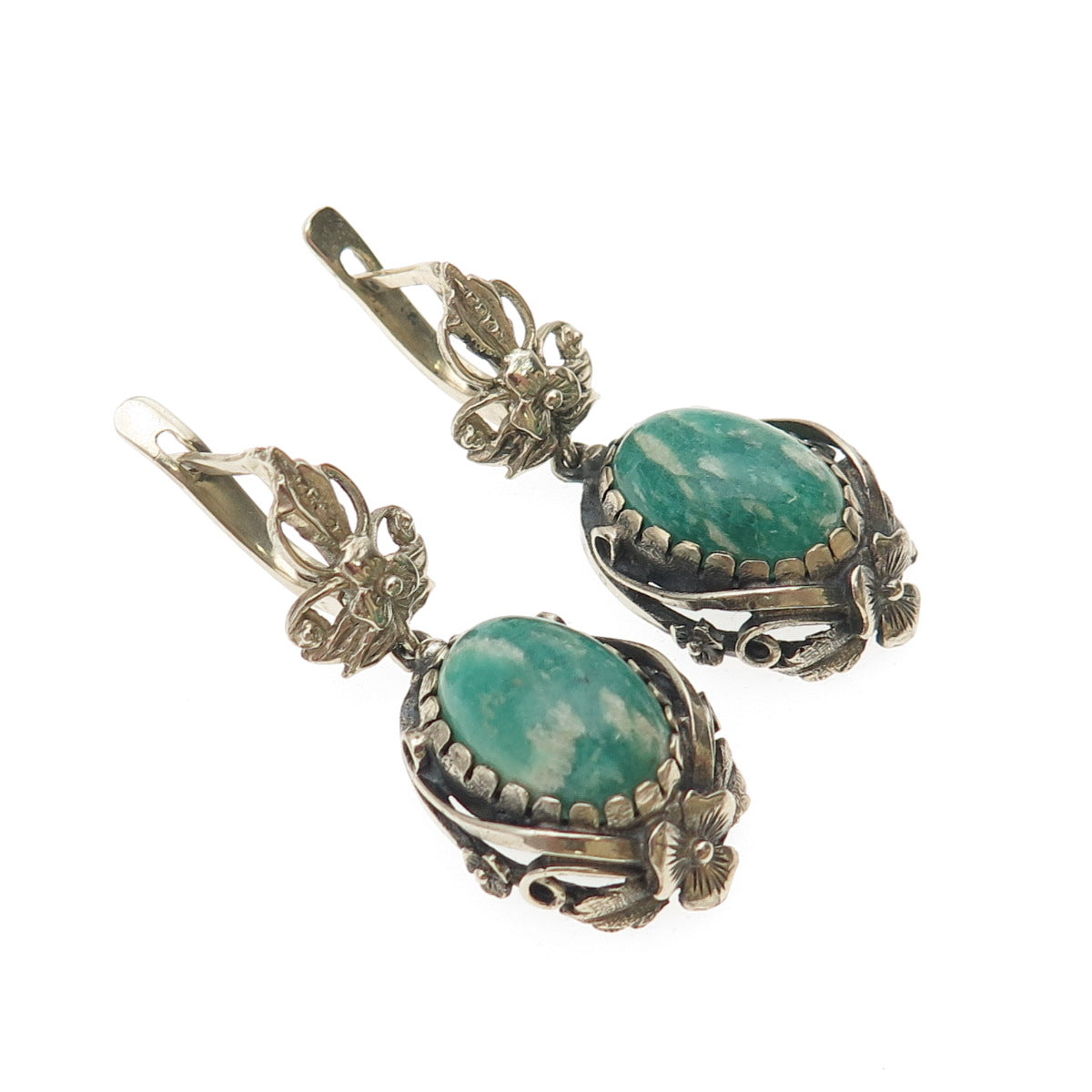 Silver-Tone Vintage Real Cabochon Amazonite Floral Oxidized Dangle Earrings