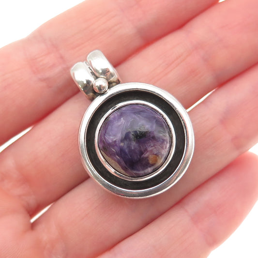 925 Sterling Silver Vintage Real Charoite Modernist Oxidized Charm Pendant