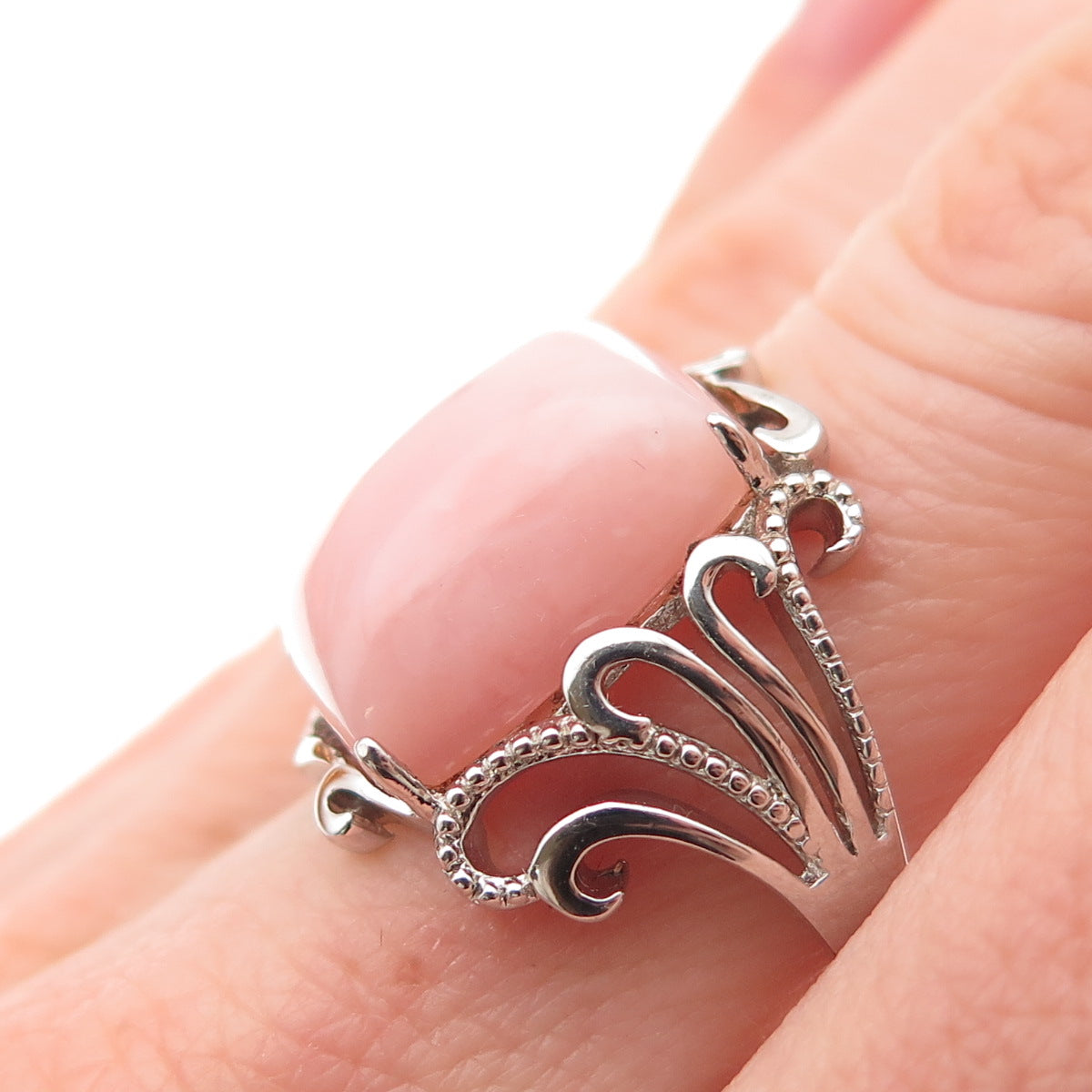 925 Sterling Silver Real Cabochon Pink Opal Floral Scroll Ring Size 6