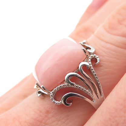 925 Sterling Silver Real Cabochon Pink Opal Floral Scroll Ring Size 6