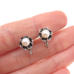 925 Sterling Silver Antique Real Akoya Pearl Floral Oxidized Screw Back Earrings
