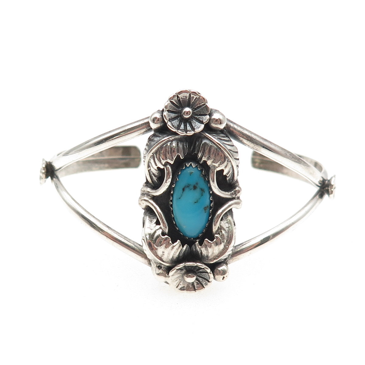 Old Pawn 925 Sterling Vintage Turquoise Flower Feather Adjustable Bracelet 5.75"