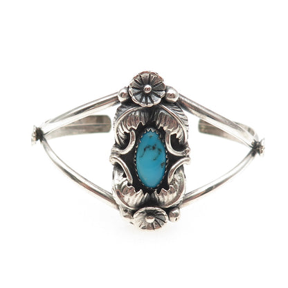 Old Pawn 925 Sterling Vintage Turquoise Flower Feather Adjustable Bracelet 5.75"
