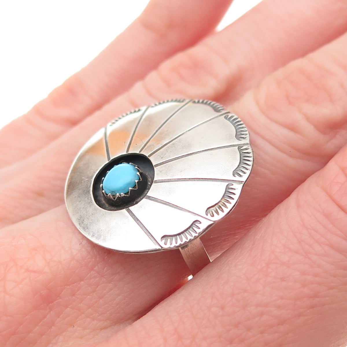 Old Pawn Sterling Vintage Turquoise Snake Eye Concho Shadow Box Ring Size 7.25