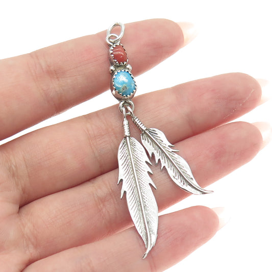 Old Pawn 925 Sterling Silver Vintage Turquoise & Coral Snake Eye Feather Pendant