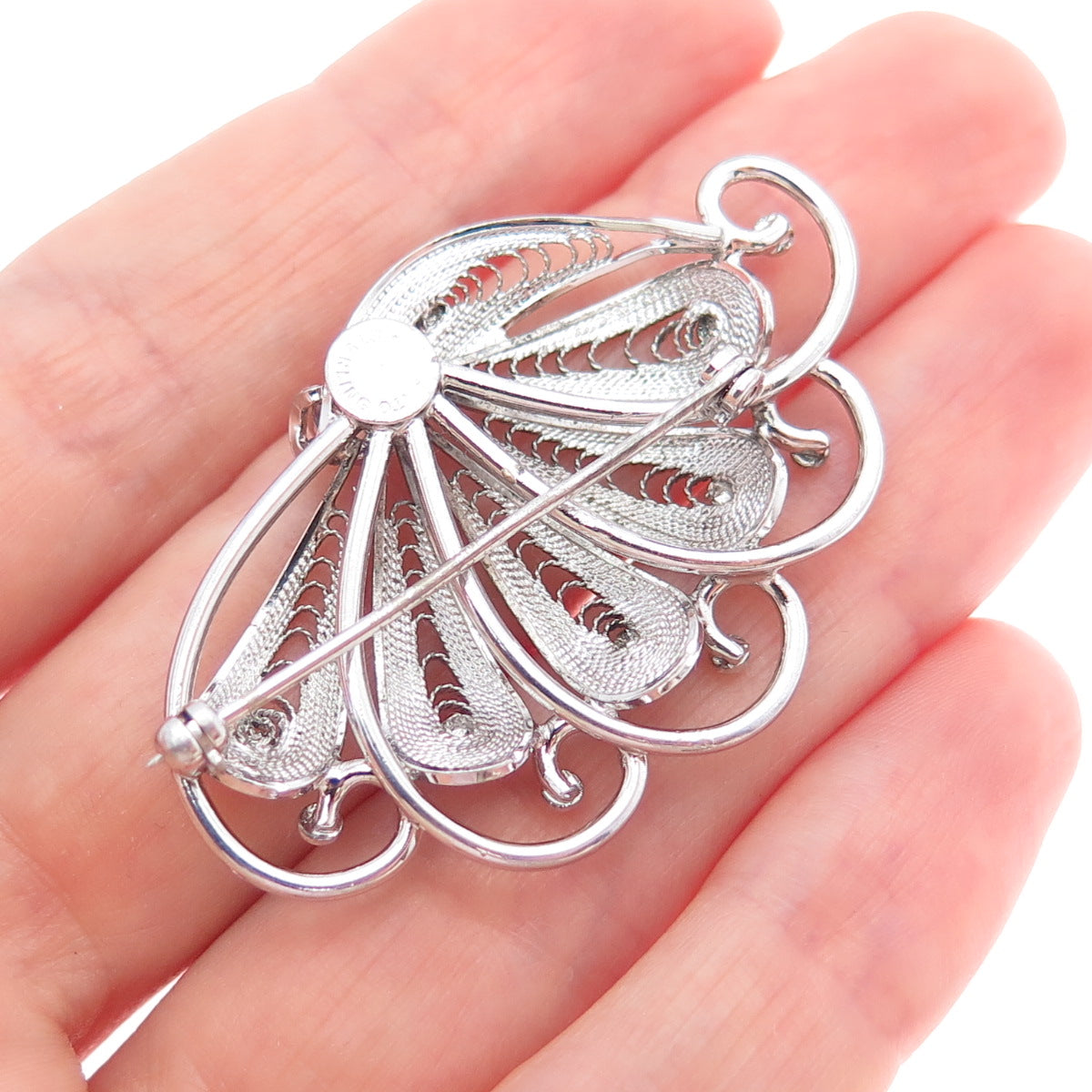 925 Sterling Silver Vintage Modernist Fan Filigree Pin Brooch