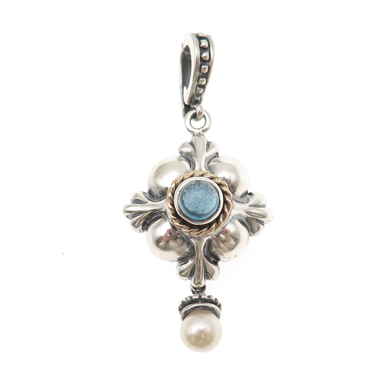 Anita Selinger Sterling Silver 14K Gold Vintage Real Pearl & Blue Topaz Pendant