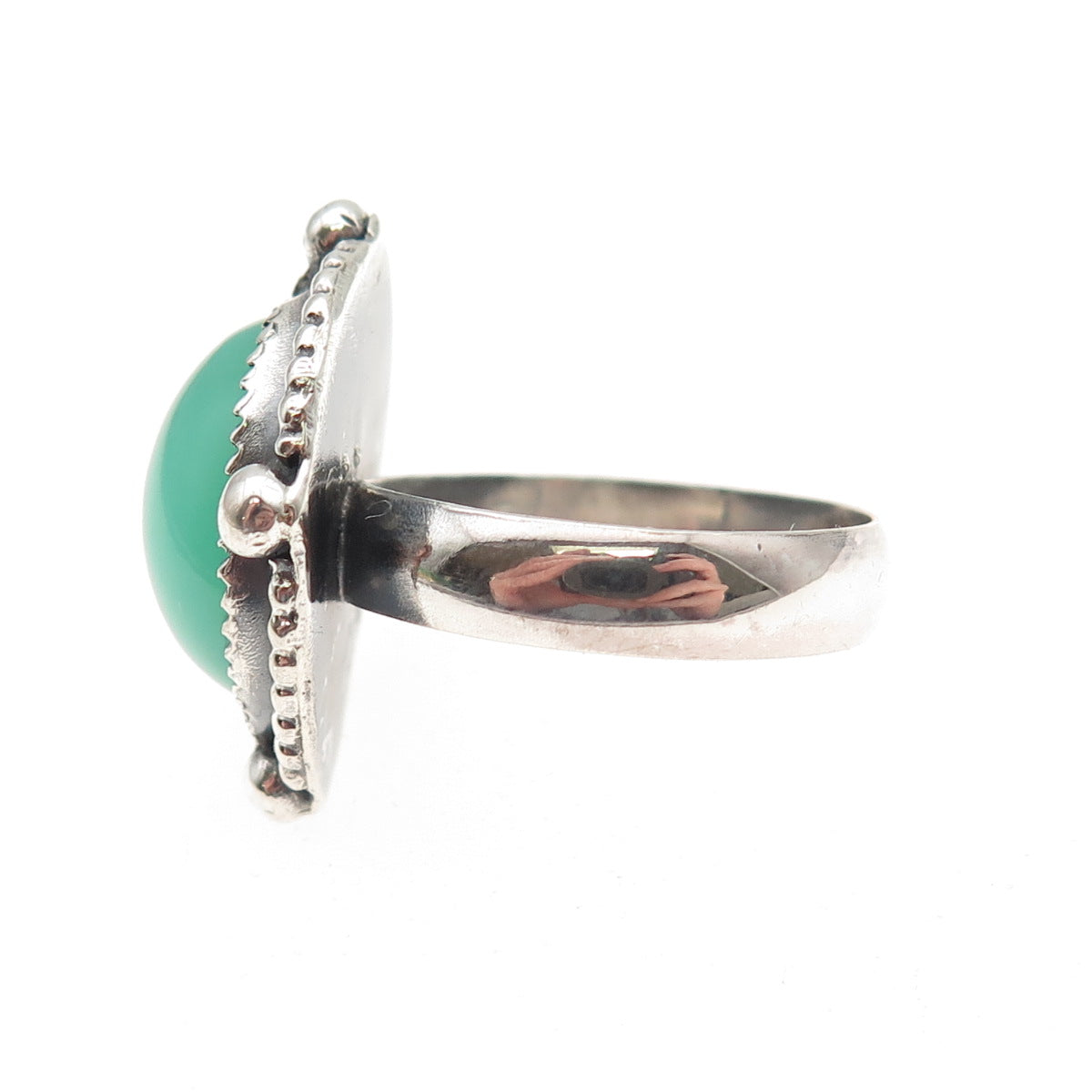 925 Sterling Silver Vintage Real Cabochon Chrysoprase Oxidized Ring Size 7.5