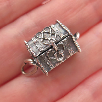 Beau 925 Sterling Silver Vintage Treasure Chest 3D Mini Box Charm Pendant