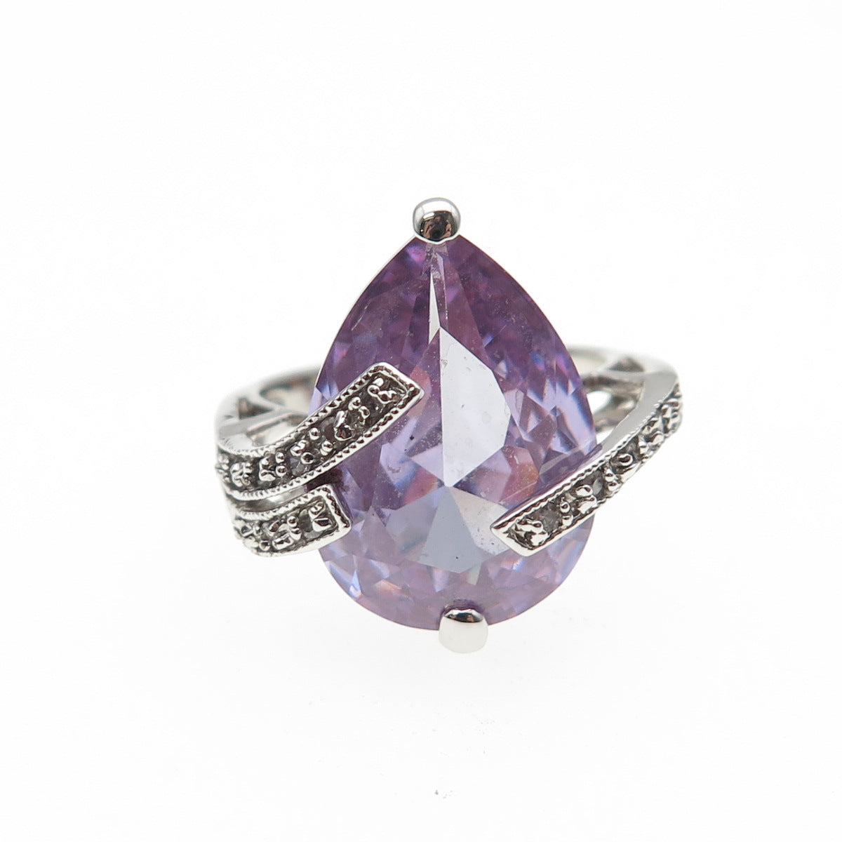 925 Sterling Silver Pear-Cut Purple & Round-Cut White C Z Ring Size 7