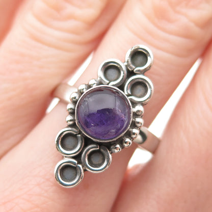 925 Sterling Silver Vintage Real Amethyst Modernist Oxidized Ring Size 8.5