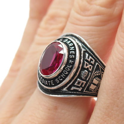REED CO Sterling Vintage 1985 Lab-Created Ruby M.S. Barnes School Ring Size 9.75