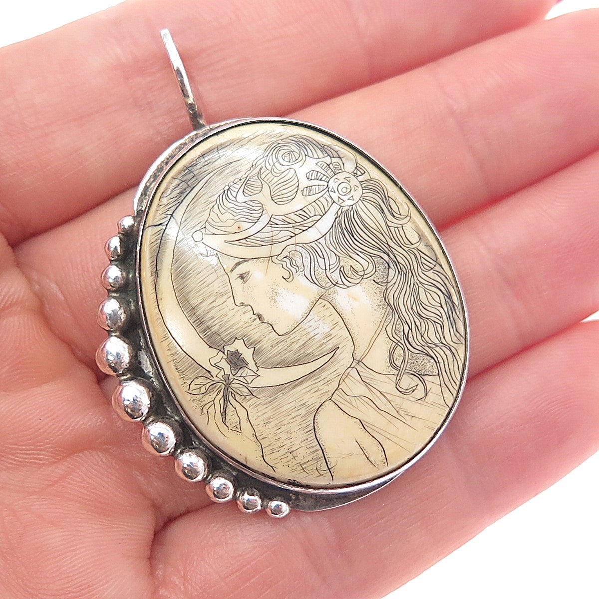 Old Pawn 925 Sterling Silver Vintage Southwestern Lady Cameo Oxidized Pendant