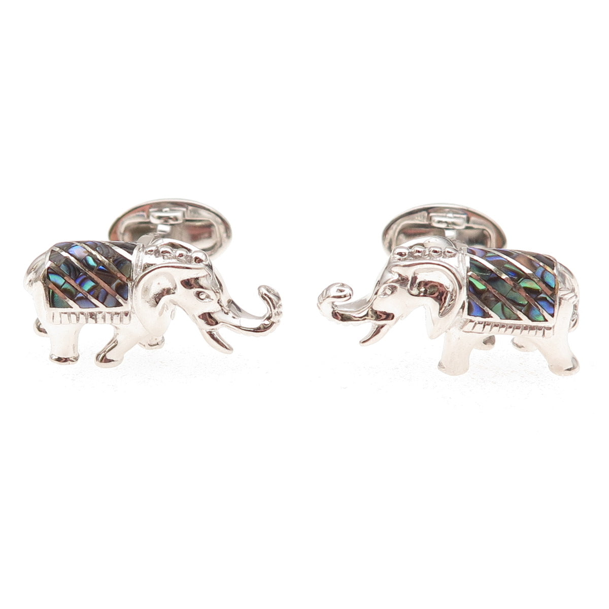 Jan Leslie 925 Sterling Silver Real Abalone Shell Elephant Cufflinks