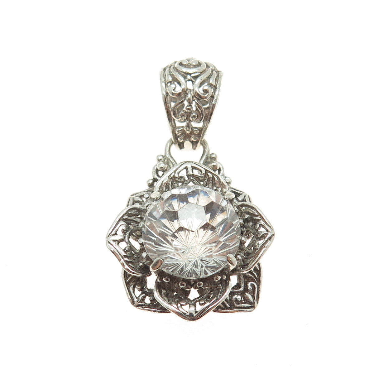 SARDA 925 Sterling Silver Vintage Clear Glass Ornate Pendant