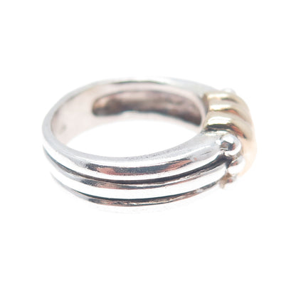 14K Gold 925 Sterling Silver Vintage Modernist Ribbed Oxidized Ring Size 5.75