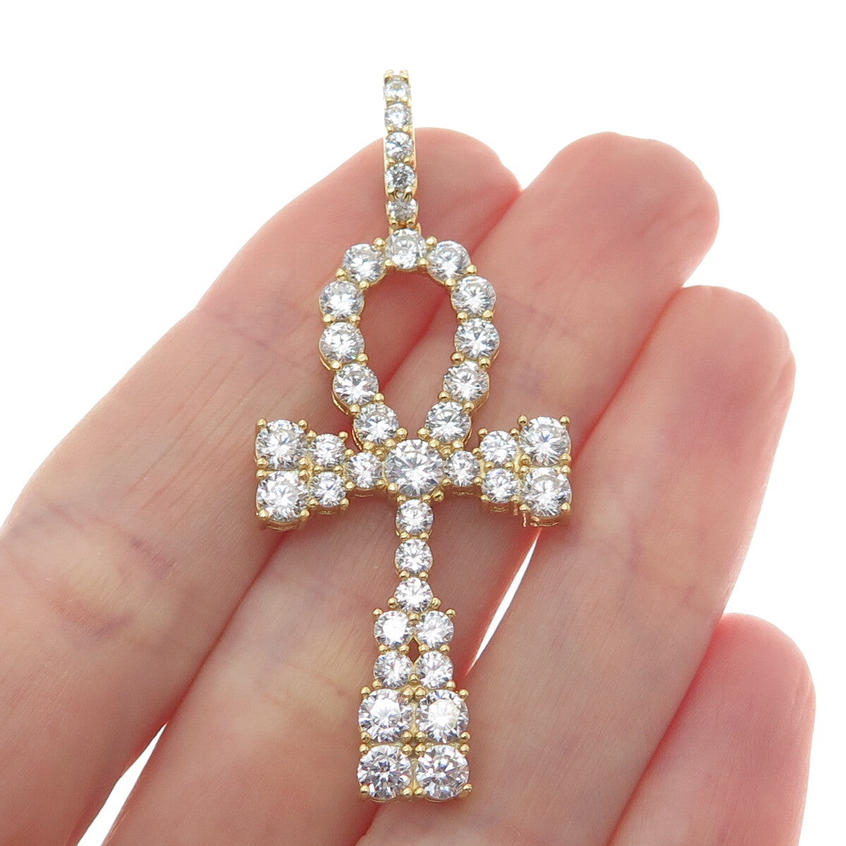 925 Sterling Silver Gold Plated Round-Cut C Z Egyptian Ankh Pendant