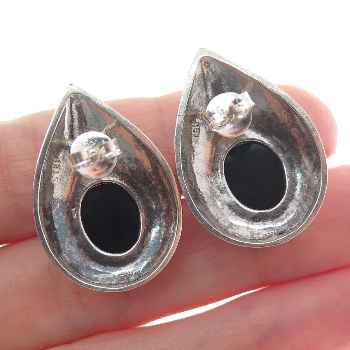 925 Sterling Silver Vintage Real Black Onyx Gemstone Teardrop Earrings