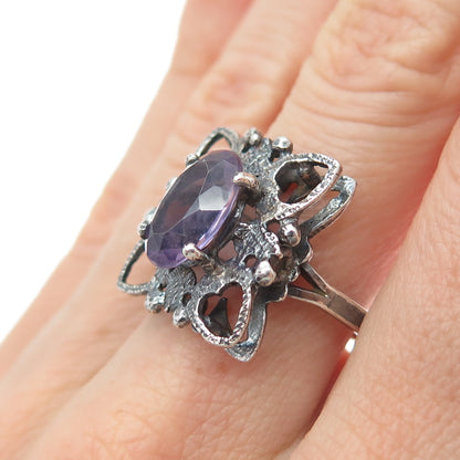 MUNDOS Sterling Silver Vintage Real Amethyst Butterfly Oxidized Ring Size 6.75