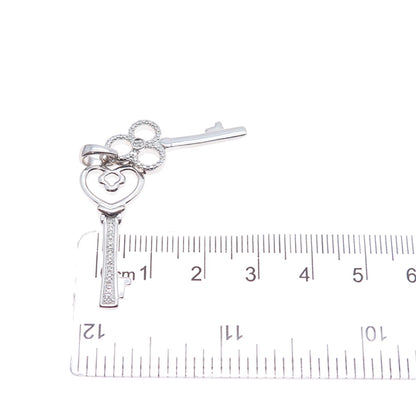 925 Sterling Silver Real Round-Cut Diamond Heart & Club Key Charm Pendant