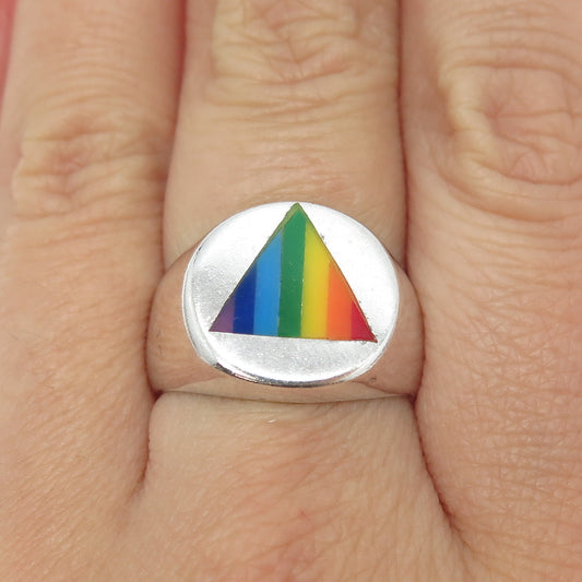 925 Sterling Silver Vintage Rainbow Enamel "Happy Pride" Signet Ring Size 8